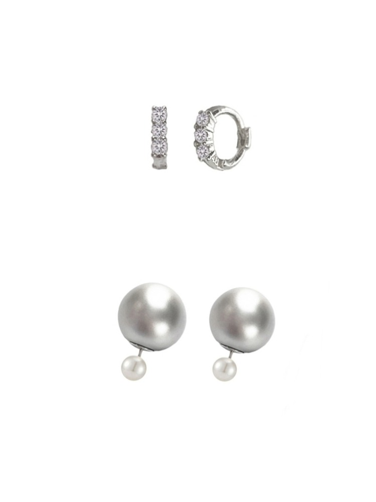 [2 SET] Silver Pearl &amp; Pearl + Cubic Ring ER