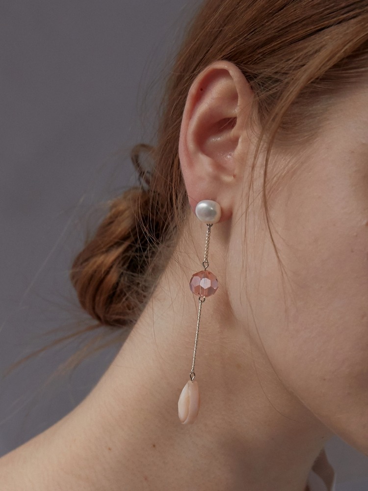 [Silver] Pearl &amp; 2 Crystal Drop Long Earrings