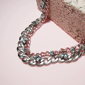 [미진열] pink and silver weaving chain necklace